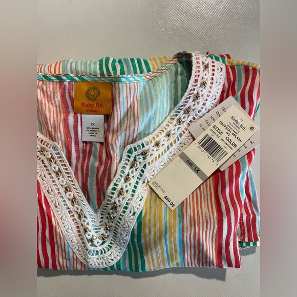 NEW Plus SIze 1X Ruby Rd. Wavy Metallic Stripe Embroidered Top Blouse Multi $69 - Picture 8 of 8